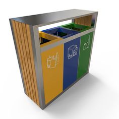 a metal and wood trash can with four different colored bins on the front side