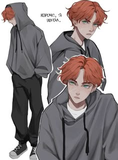 an anime character with red hair wearing a hoodie