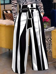 High Waisted Loose Striped Tied Waist Pants Trousers BLACK WHITE-S Striped Wide Leg Pants, Loose Trousers, Stylish Blouse, Looks Chic, Straight Pants, Waist Pants, Pants Trousers, Urban Fashion, Fashion Pants