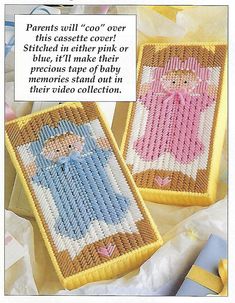 two cross stitched pictures with words written on them, one saying parents will't cook over this casette cover stitched in other pink or blue