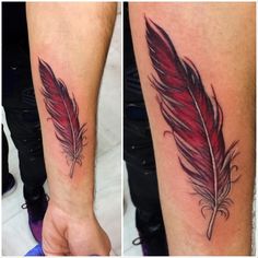 two pictures of a tattoo with a red feather on the left arm and an image of a bird's wing on the right leg