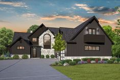 this is an artist's rendering of a house in the country style with large windows