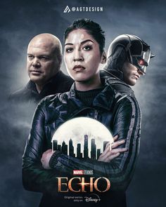 the movie poster for echo with two people standing in front of a full moon and cityscape