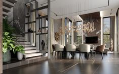 an elegant dining room with marble flooring and chandelier