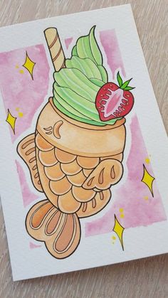 a drawing of a fish with a strawberry on it's head and a straw in its mouth