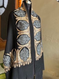 - Condition: Brand New - Style: Stole  Wrap - Fabric: 100% Fine Wool  - Embroidery: Hand-Embroidered Kashmir work  - Weave: Soft Weave - Color : black  - Embroidery Color :golden and grey  length:-81 approx width:-28 Care Instructions - Steam Ironing Recommended after every 2 wear to avoid pilling. - Dry Clean Only. - Store in a moist free or ventilated area. Traditional Formal Dupatta With Gold Embroidery, Traditional Gold Embroidered Dupatta For Formal Occasions, Elegant Traditional Wear With Multicolor Embroidery, Black Wedding Shawl With Motifs, Formal Shawl With Intricate Embroidery, Festive Black Shawl With Floral Embroidery, Formal Dupatta With Floral Embroidery, Black Shawl With Motifs For Festive Occasions, Festive Black Pashmina Shawl With Embroidered Border