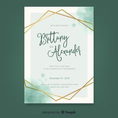 an elegant wedding card with gold and green watercolor