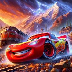 the character cars from disney pixars is driving on train tracks with lightning in the background