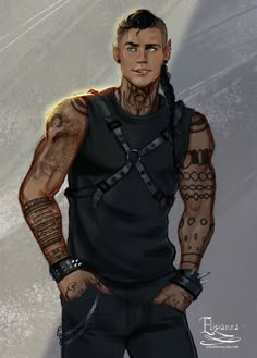 a drawing of a man with tattoos and piercings on his arm, standing in front of a wall