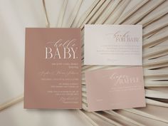 three different types of wedding cards with the word hello for baby on them, in pink and white