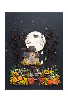 an image of a bird house in the middle of flowers and trees with a full moon behind it