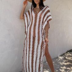 Knit Dress / Swim Cover Up White/Brown. Beige V-neck Crochet Beach Dress, White V-neck Crochet Dress For Beach, Chic Crochet V-neck Dress For Beach Cover-up, Beige Crochet Maxi Dress For Beach, Chic V-neck Crochet Dress For Beach Cover-up, White V-neck Summer Crochet Dress, White V-neck Crochet Dress For Summer, White Open Knit Dress For Day Out, White Crochet Knit Maxi Dress