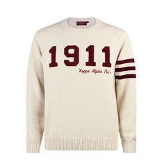 Kappa Alpha Psi Collegiate 1911 Sweater (Cream) – Nupemall Varsity Sweater With Ribbed Cuffs For Campus, Classic White Letter Print Sweater, White Collegiate Sweater For Fall, Classic White Sweater With Letter Print, Classic White Sweatshirt For College, College Varsity Crew Sweater, Varsity Crew Sweater For College, White Collegiate Winter Sweater, Collegiate Crew Sweater For Campus