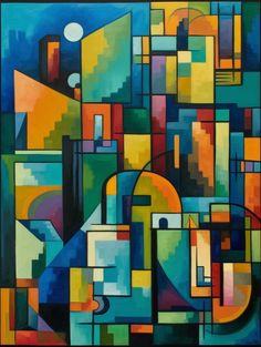 an abstract painting with many colors and shapes