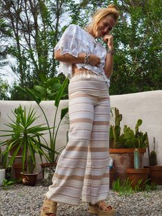 Vintage think woven textiles up-cycled wide leg pants with cream and off white striped design and elasticated waist. We hand source vintage 1960’s and 70’s unique one off a kind textiles, crochet, knitted and woven and up-cycled them in to one off a kind unique garments here in our Ibiza studio. Due to the nature of the recycled textiles there could be some slight imperfections but we see this as part of its beauty and do our best to only use textiles in great condition. Made by hand with love. Clothing Exchange, Recycled Textiles, Woven Textiles, Padded Hangers, Boots For Sale, 1960s Vintage, Stripes Design, Unique Vintage, Ibiza