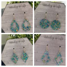 These super fun and sparkly teal, gold, blue glitter confetti, polka dot acrylic earrings are so lightweight and comfortable to wear.  They go with nearly everything!  Perfect for summer, mermaid, ocean or beach theme occasions. Earrings are laser cut from 1/8" thick acrylic with the glitter dots embedded in the clear acrylic. **Due to the variation in the pattern, no two earrings will be exactly identical.** Earring hardware is stainless steel, nickel and lead free.  Earrings come with a silico Hypoallergenic Earrings For Summer Party, Fun Blue Jewelry For Summer, Fun Blue Summer Jewelry, Blue Resin Jewelry For Summer, Blue Fun Drop Earrings, Trendy Turquoise Party Earrings, Blue Drop Earrings Fun Style, Fun Blue Jewelry For The Beach, Fun Blue Jewelry For Beach