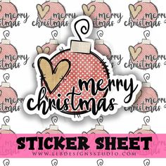 merry christmas ornament sticker sheet with pink and white polka dot design on it