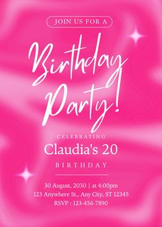 a pink birthday party flyer with stars and swirls on the background, it is an elegant