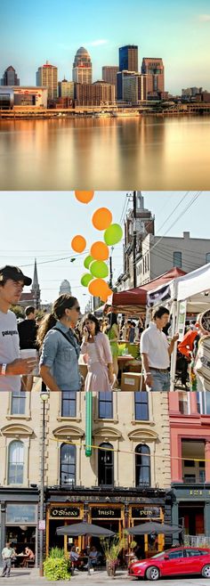 there are two pictures with people standing on the street and in front of some buildings