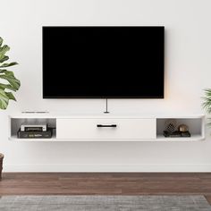 a flat screen tv mounted to the side of a wall next to a potted plant