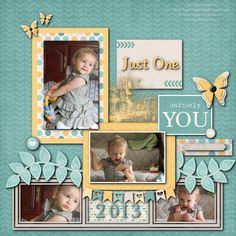 a scrapbook page with two baby pictures and butterflies on the pages, one is just one