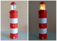 two pictures of a red and white lighthouse light