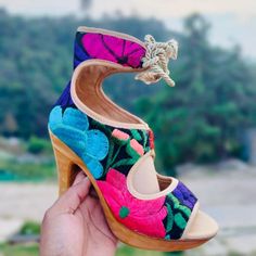 New Beautiful Mexican Shoes In 7 Traditional Multicolor Spring Heels, Traditional Multicolor Heels For Spring, Multicolor Traditional Round Toe Heels, Traditional Multicolor Round Toe Heels, Multicolor Heels With Wooden Heel And Round Toe, Mexican Shoes, Mexican Sandals, Red Leather Sandals, Huarache Sandals