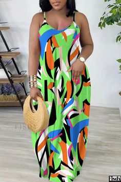 Fisdy - Chic and Sophisticated Printed Backless Spaghetti Strap Maxi Dress Strap Maxi Dress, Spaghetti Strap Maxi Dress, Printed Long Dresses, Home Dress, Casual Attire, Plus Size Dress, Print Dress, Spaghetti Strap, Casual Wear