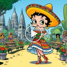 a cartoon girl in a mexican dress and sombrero