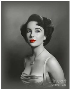 a black and white photo of a woman with red lipstick