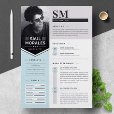 a blue and white resume template on a table with a pen, coffee cup and pencil