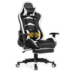 a black and white office chair with yellow eyes