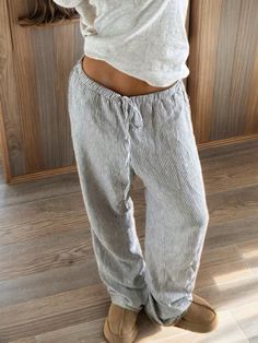 Multicolor Casual Collar  Woven Fabric Plain,Striped Straight Leg Embellished Non-Stretch  Women Clothing Linen Pants Striped, Striped Pants Outfit Women, Grey Striped Pants Outfit, Striped Linen Pants Outfit, Grey Striped Pants, Trending Pants, Strip Pants