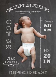 a baby in diapers on a chalkboard with the birth date and age chart