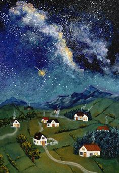 the night sky with stars above houses and trees on a green hillside, painted by an artist