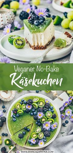 no bake kiwi cheesecake with blueberries and blackberries on the side