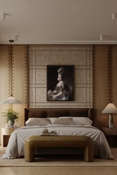 a bedroom with a large painting on the wall next to a bed and two lamps