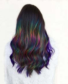 Red Hair Ideas With Other Colors, Oil Spill Hair Brunettes, Rainbow Underneath Hair, Prism Hair Color, Pop Of Color Hair, Hairdye Ideas, Oil Slick Hair Color, Oil Slick Hair, Slick Hair