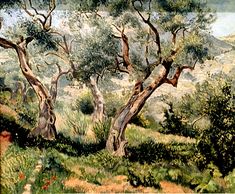 an oil painting of some trees in a field with hills in the background and flowers on the ground