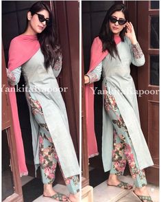 Printed pants with plain kurta and dupatta❤️ Whatsapp on 9873802797 to place your order. Limited pcs left.  @richakapoor93  #shootdiaries… Suit Dupatta, Kurta With Palazzo, Printed Pants Style, Print Pant, Salwar Designs, Indian Salwar Kameez, Punjabi Dress