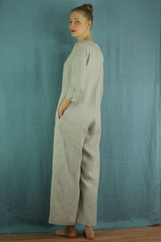 "Linen jumpsuit with belt and 2 pockets in natural color, perfect for casual wear and suitable for any occasion in any season Details: - 100% natural linen produced in Europe ; - medium weight (180 gram per square meter); - color: natural, could be any from our colors catalog (color samples at the photo); Made to order, approximately a few days, If you have any questions please message me and I will be glad to answer. Size guide : Size XS Bust: fits bust around 33\"-34\"/ 84-88 cm Waist: fits wa Beige Linen Casual Jumpsuits And Rompers, Linen Overall Jumpsuits And Rompers With Pockets, Linen Overalls With Pockets, Beige Linen Overall Jumpsuits And Rompers, Beige Linen Overalls, Linen Overall Jumpsuit With Pockets, Beige Linen Overalls Jumpsuit, Spring Button-up Light Wash Denim Jumpsuit, Spring Linen Jumpsuit With V-neck