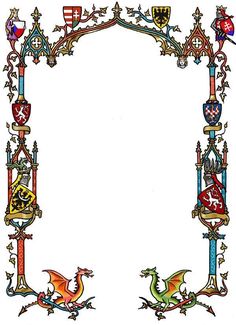 an ornate frame with two dragon and shield designs on it, all in different colors