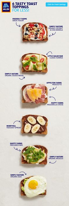 an image of sandwiches with different toppings on each side and the words breakfast for less written below