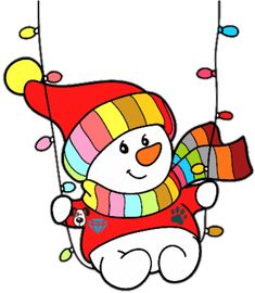 a drawing of a snowman on a swing with christmas lights hanging from it's sides