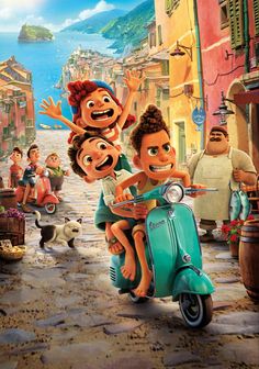 the movie poster for luca with three children riding on a scooter in front of them