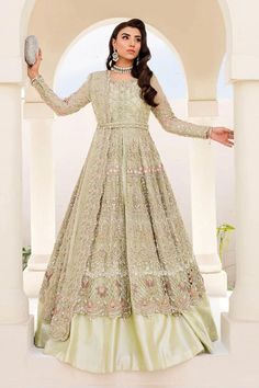 Malangi Fashion Dress try to make sure you have the best experience while selecting and buying your favourite Indian and Pakistani Outfits for any occasion like barat, walima, mehndi, nikkah, dholki, mayu, sangeet, engagement or reception guest in different style dress of salwar kameez, maxi peshwas, gown, saree, lehenga, sharara or ghararara color: pistachio Green Fabric Details: Net handmade embroidery Gown front Net embroidery Gown back Net embroidery dupatta silk skirt replicate by malangi f Gown Pakistani, Pakistani Gown, Embroidery Pearls, Latest Bridal Lehenga Designs, Pakistani Bridal Dress, Bridal Lehenga Designs, Latest Bridal Lehenga, Lehenga Gown, Pakistani Wedding Dress