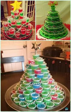 a christmas tree made out of cupcakes and candy cups is shown in three different pictures