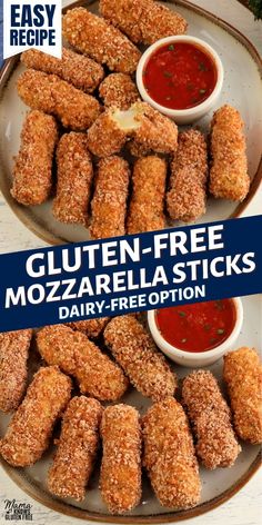 gluten - free mozzarella sticks with dipping sauces on the side