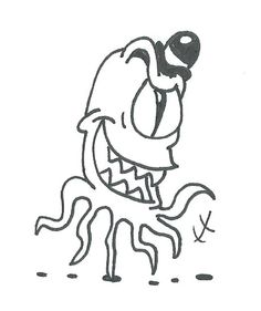 an ink drawing of a cartoon character with his mouth open and tongue out, on a white background