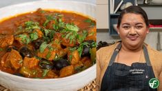 a woman in an apron next to a bowl of stew and a photo of a woman smiling at the camera